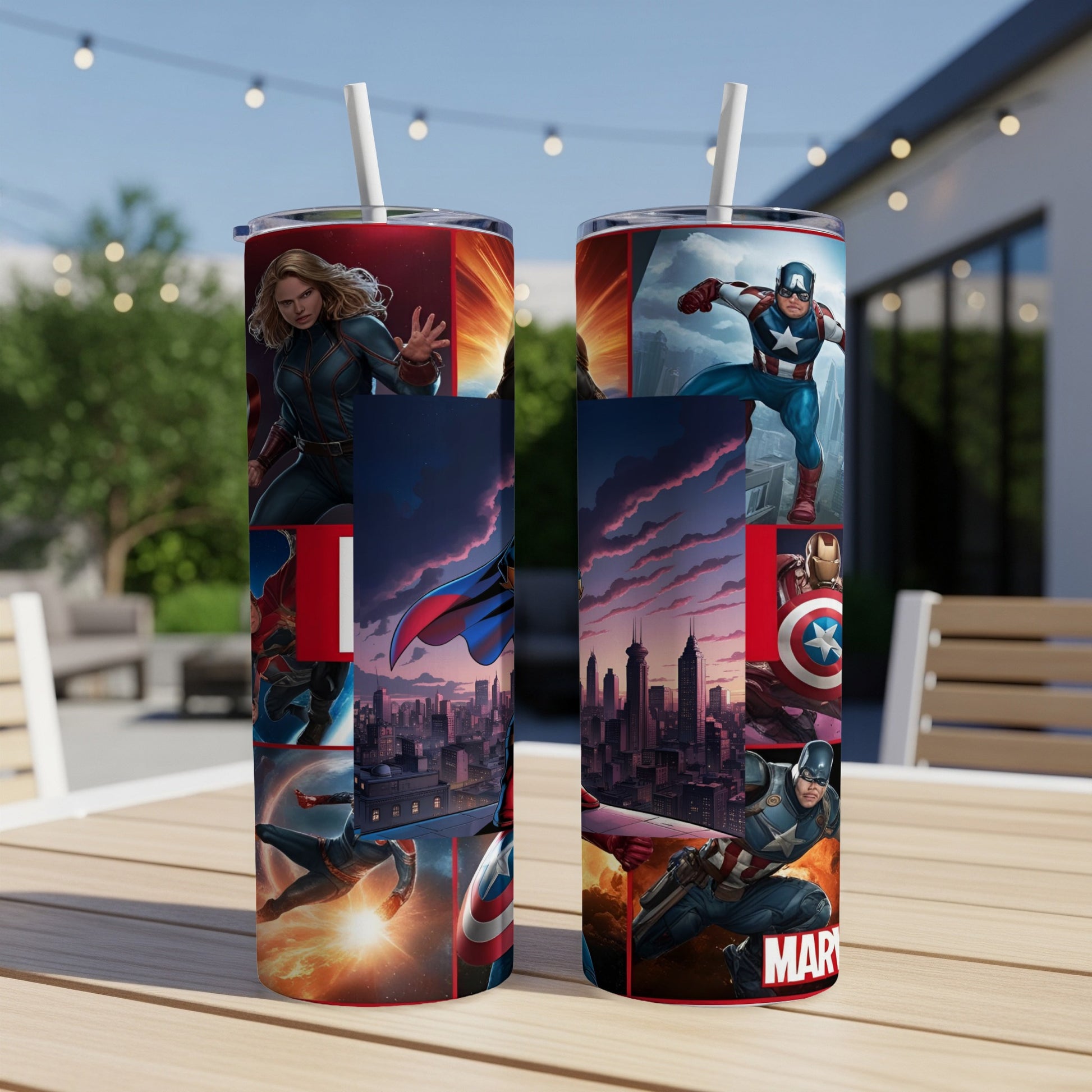 Collage of Captain America and other Marvel characters on two travel tumblers.