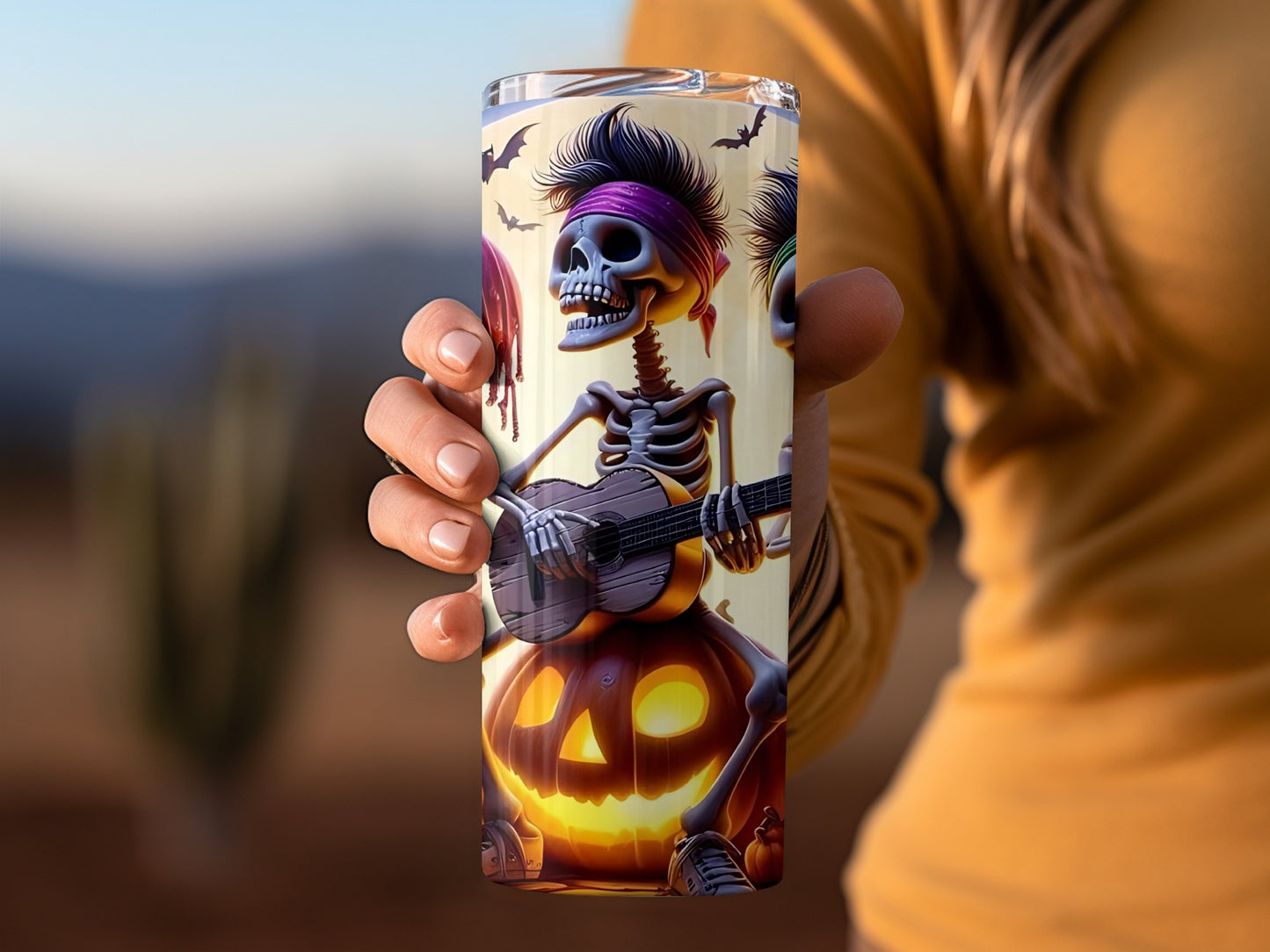 Halloween Skeleton Guitarist with Pumpkin Design tumbler