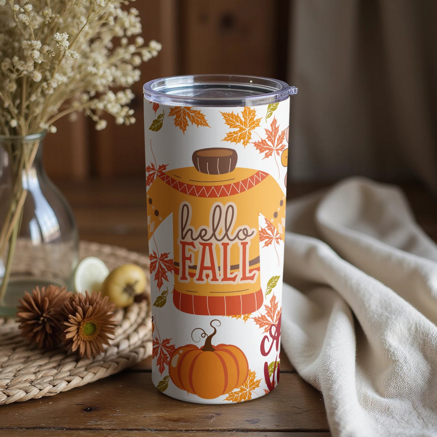 Hello Fall Pumpkin Leaves Autumn Design Tumbler
