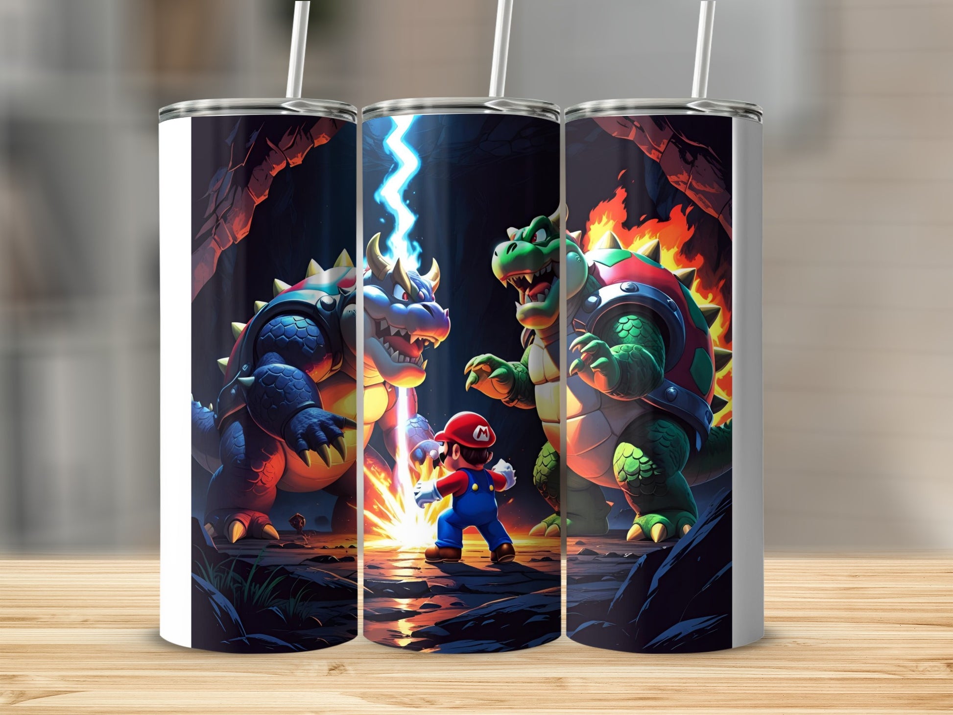 Mario facing Bowser and Bowser Jr. in a cave with lightning.