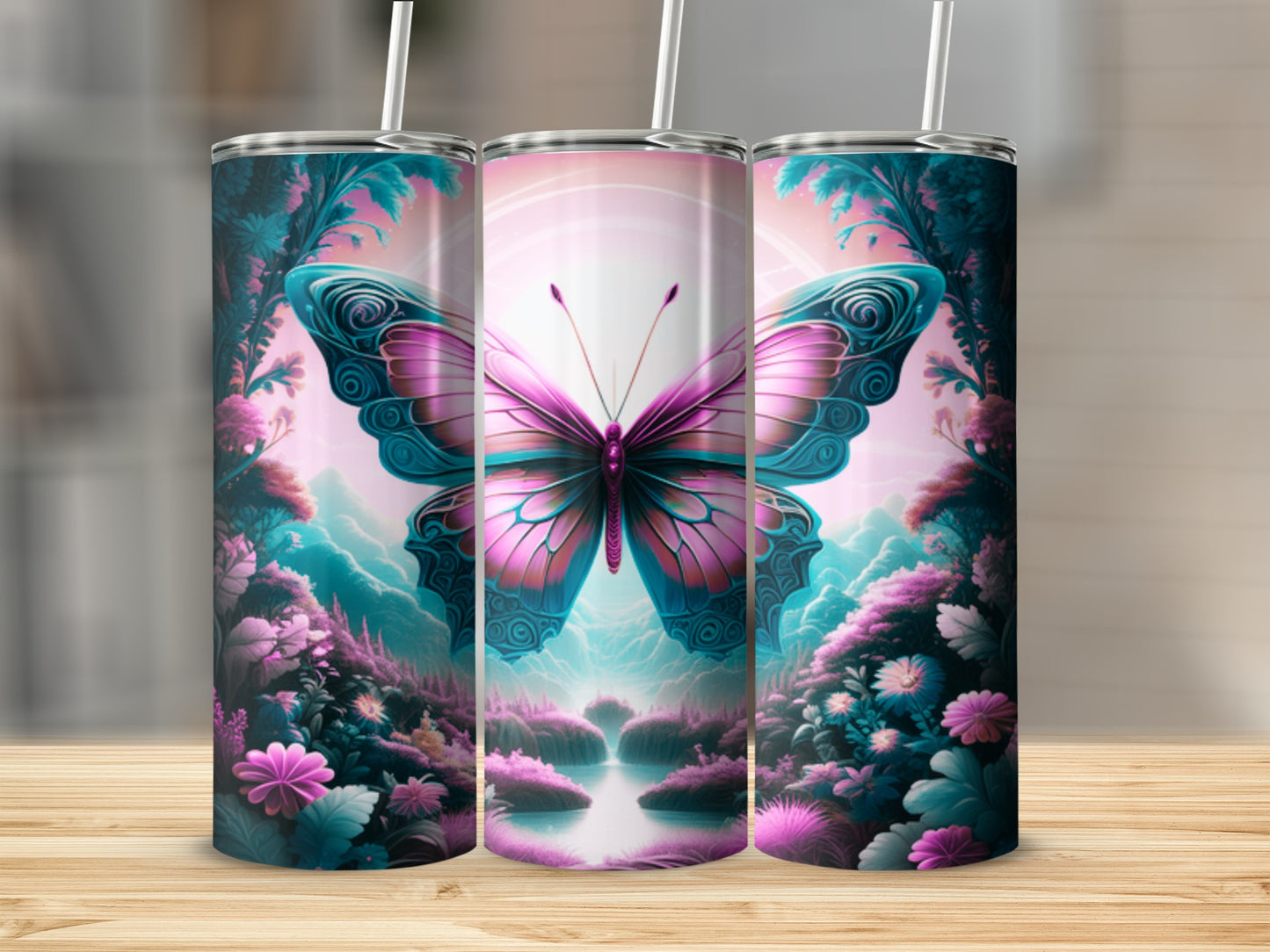 Butterfly and floral design on three cylindrical tumblers.