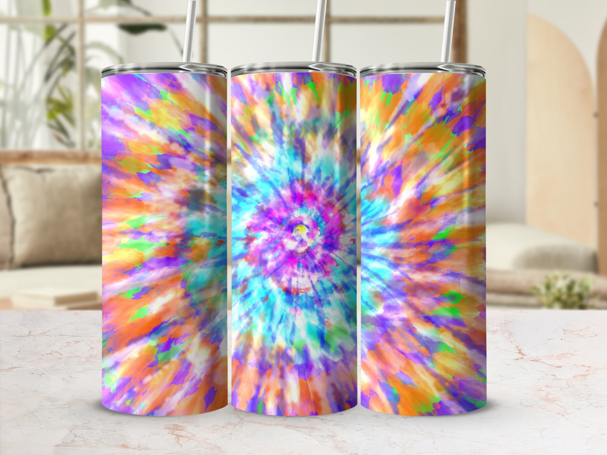 Three tumblers with a psychedelic tie-dye pattern in vibrant colors.