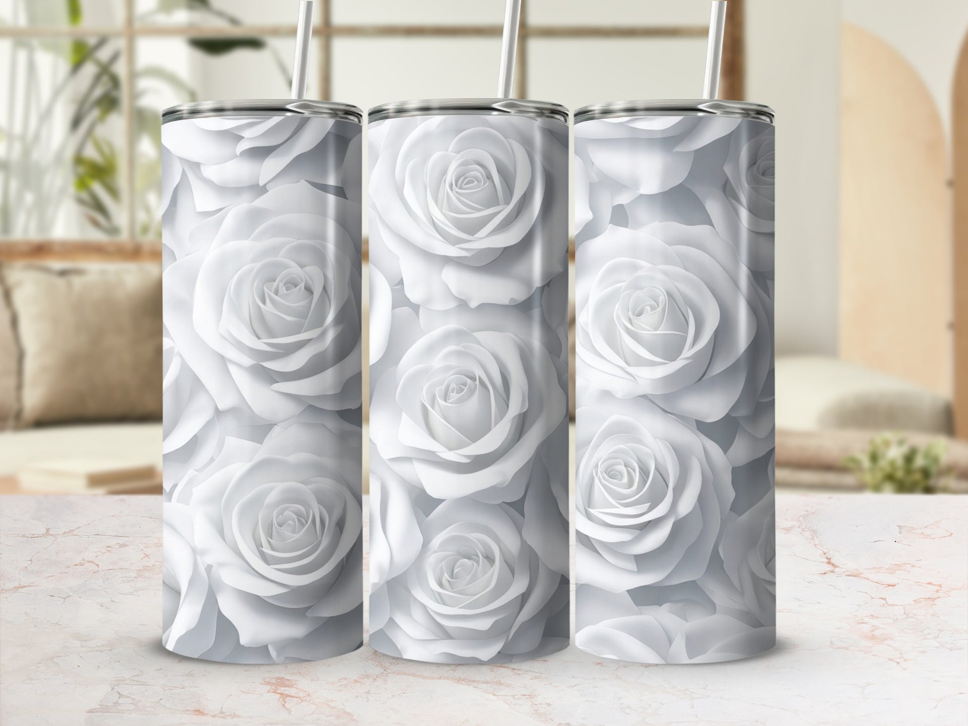 Elegant White Rose Patterned Tumbler for Sublimation