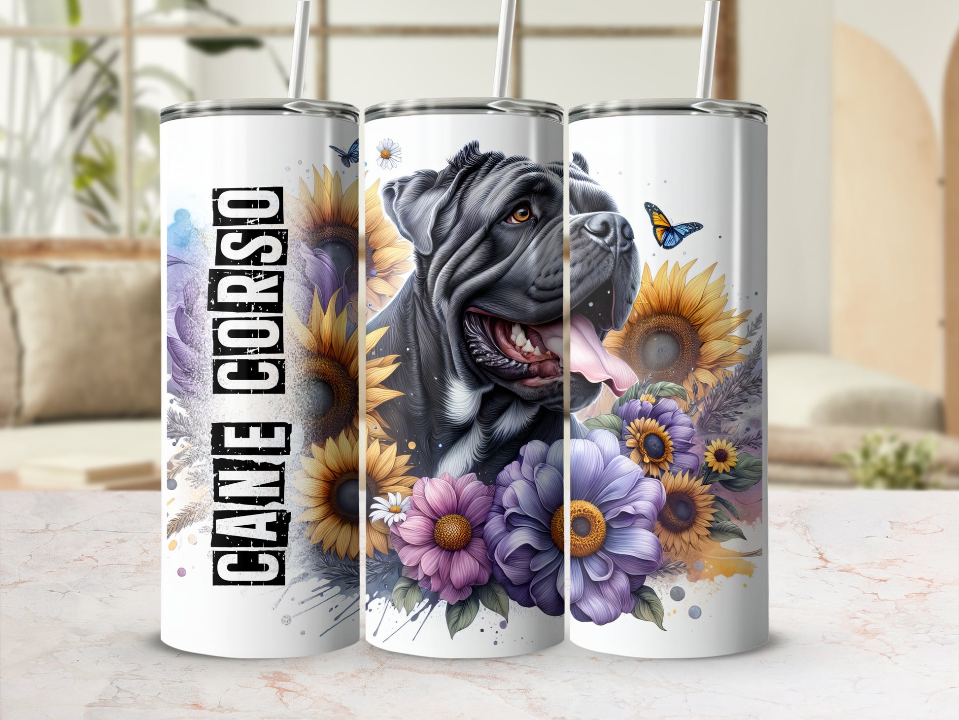 Cane Corso tumbler with sunflowers and butterflies.
