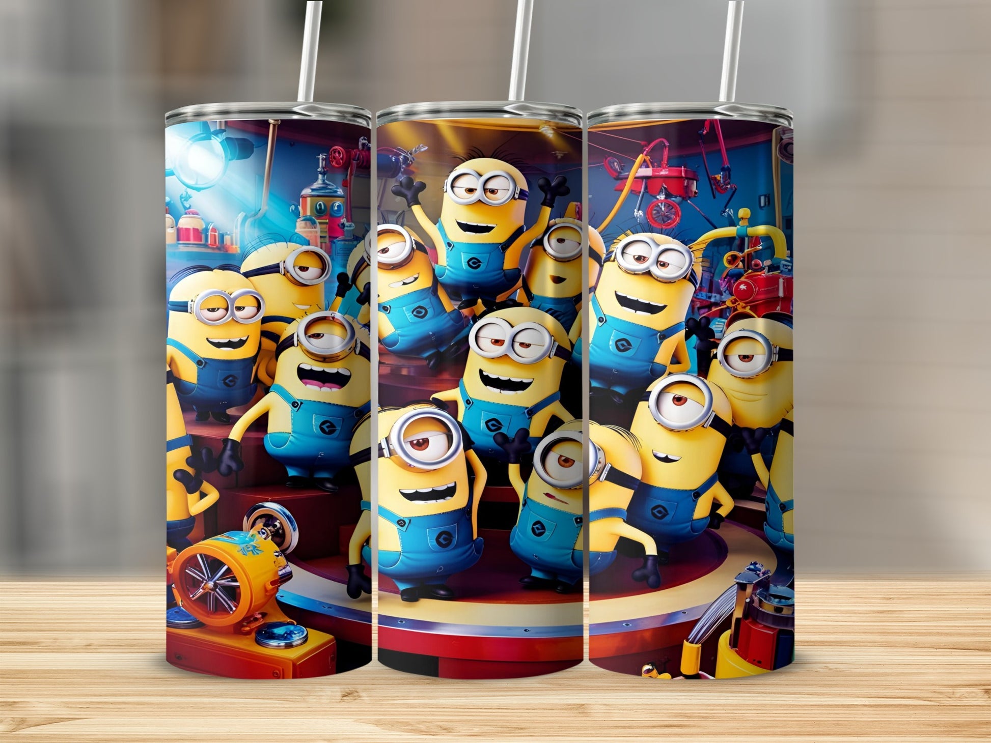Group of Minions in a vibrant, colorful scene, holding tools.