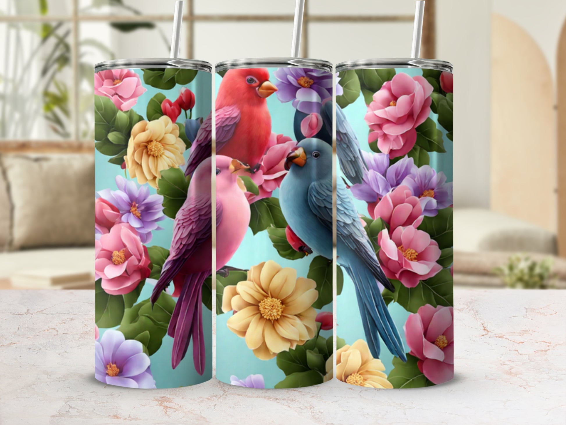Pink and blue birds surrounded by colorful flowers and leaves.