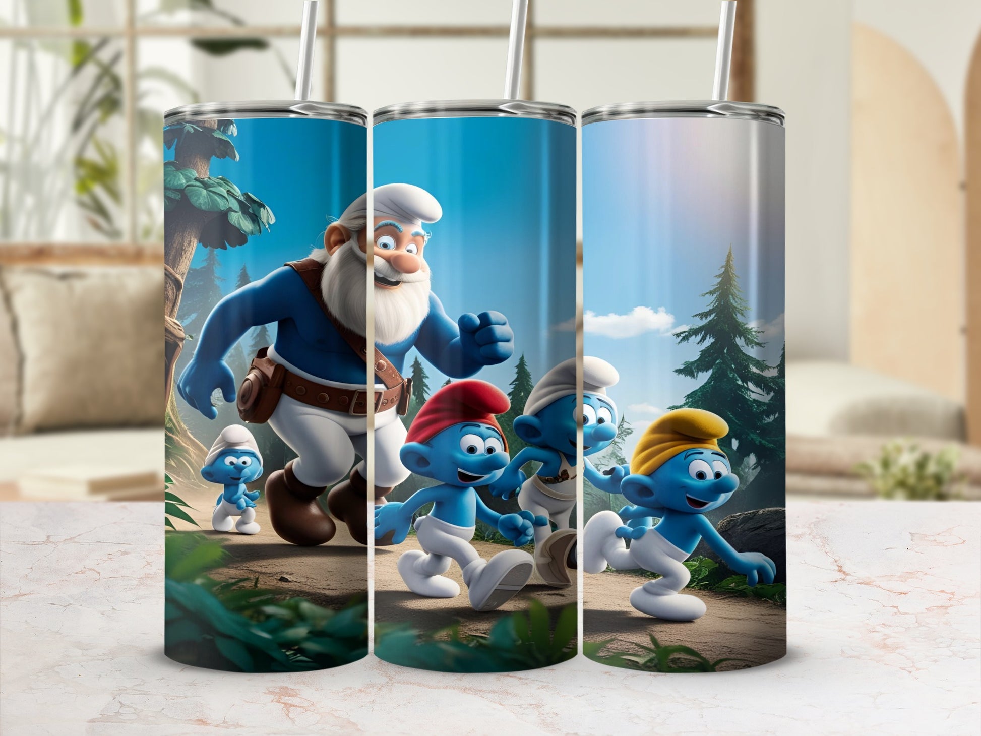Smurfs, including Papa Smurf, running on a path through a forest.