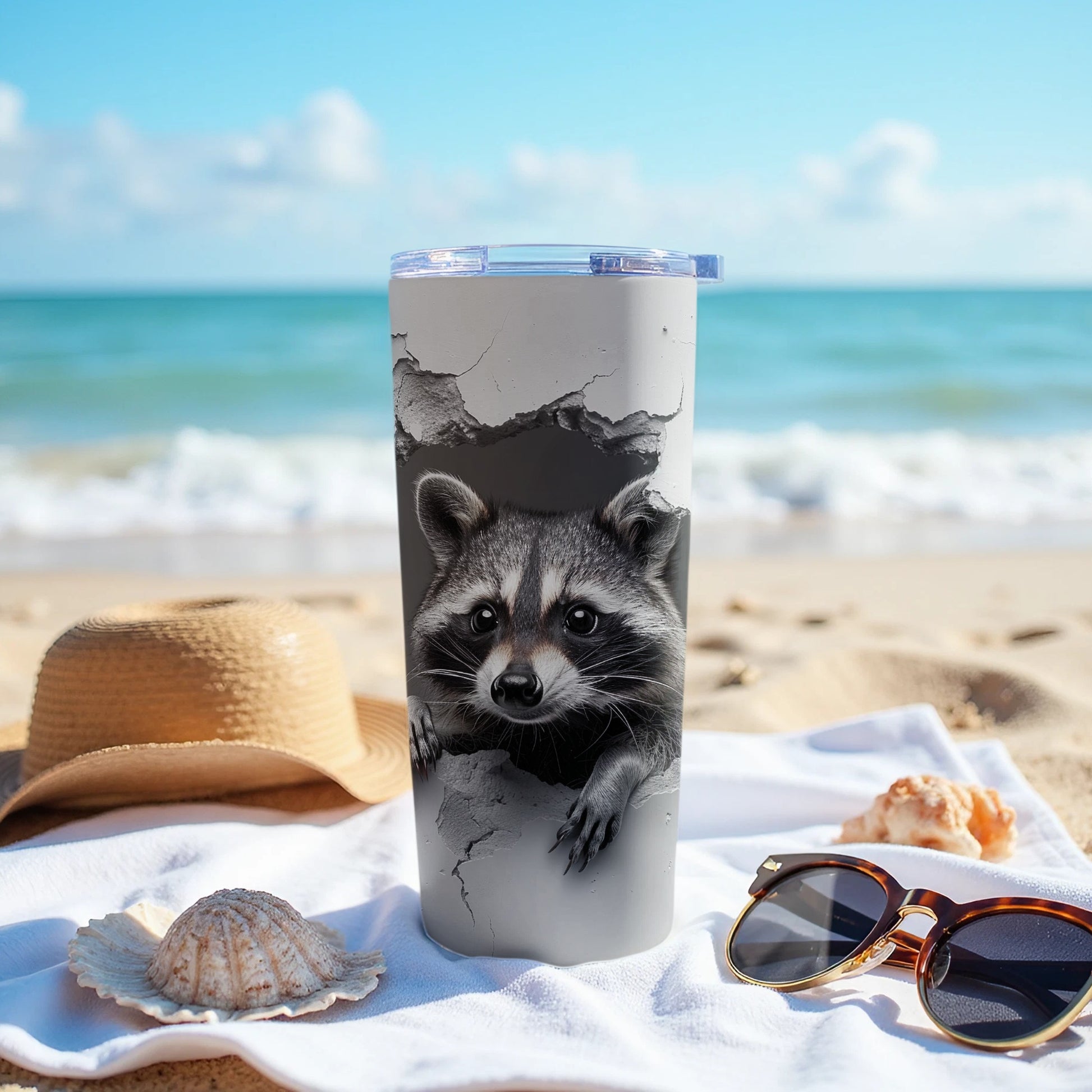 Cute Raccoon Peekaboo Tumbler Beach Vacation Graphic product type
Tumbler, Raccoon, Beach, Ocean, Insulated Tumbler, Travel Tumbler, Drinkware, Wildlife Art, Animal Lover Gift, Cute Raccoon, Summer Vibes, Vacation Essential, Beach Day Item, Unique Design, Animal Graphic, Cracked Art, Raccoon Face, Coastal Style, Gift Idea, Beverage Holder