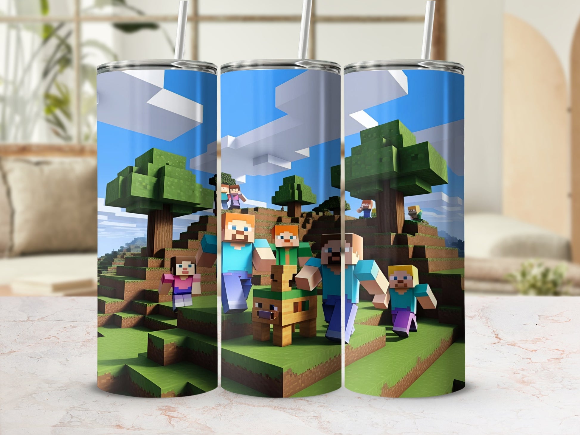 Minecraft characters in a blocky landscape on a tumbler.