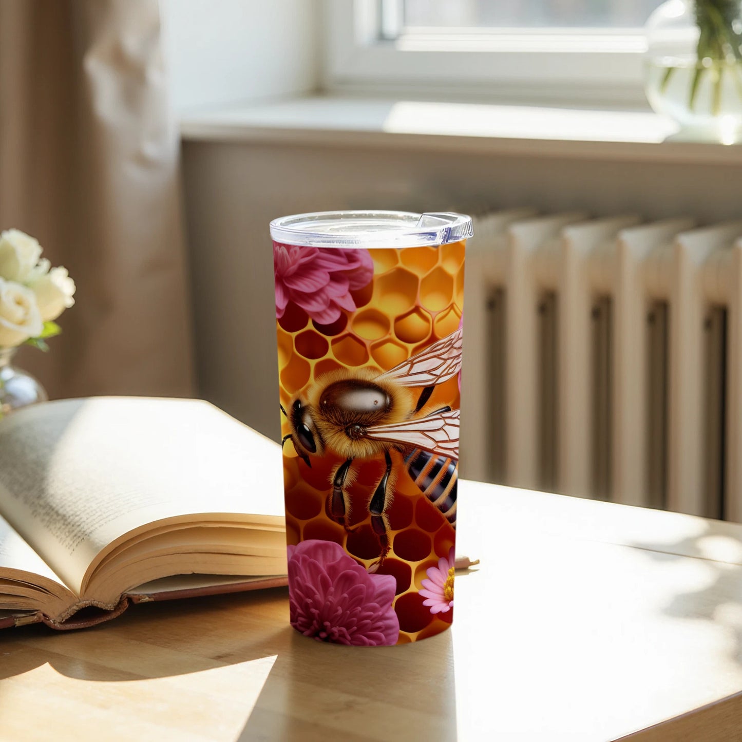 Vibrant Bee Honeycomb Flower Design Tumbler product type
Bee, Honeycomb, Flowers, Tumbler, Cup, Drinkware, Nature, Insect, Floral, Pattern, Design, Gift, Custom, Printed, Beverage, Bee lover, Honeybee, Garden, Spring, Summer