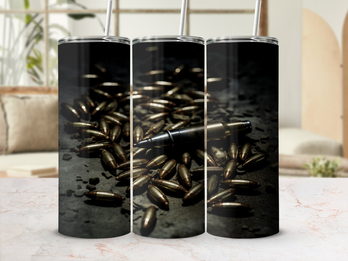 Three tumblers with a bullet pattern on a textured background.