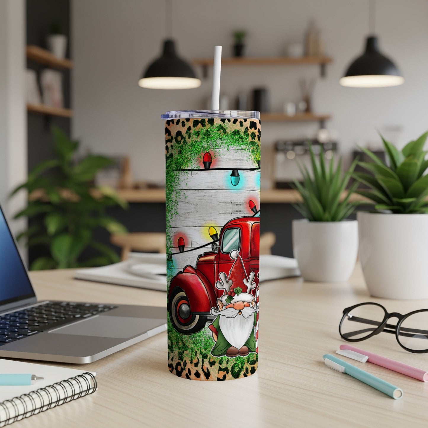 Red Christmas truck with gnome and lights on a leopard print tumbler.