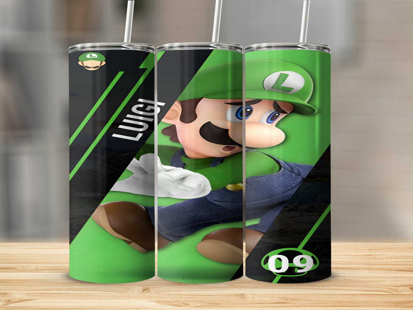 Luigi from Mario, on three tall tumblers with green diagonal stripes.