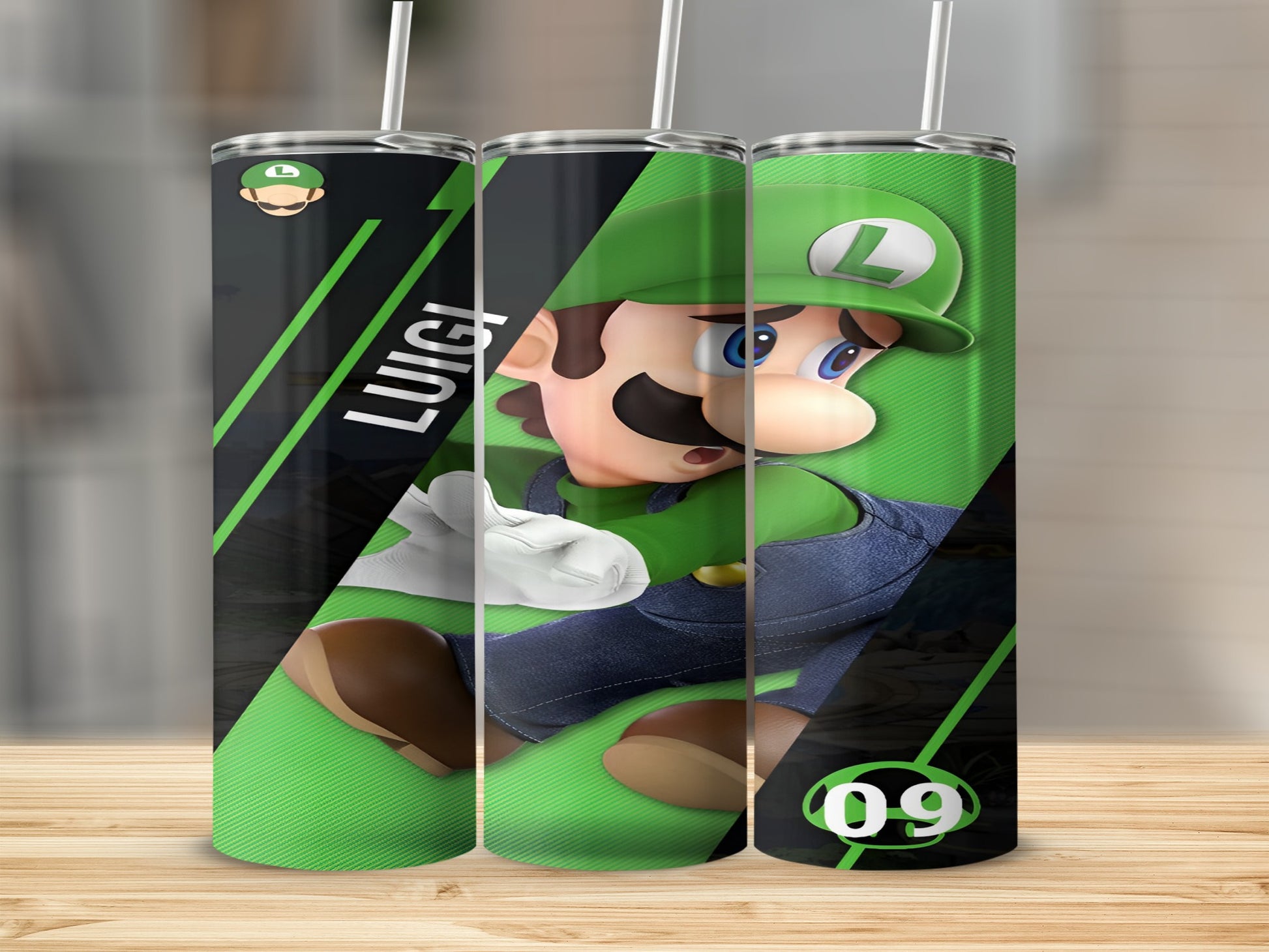 Luigi from Mario, on three tall tumblers with green diagonal stripes.