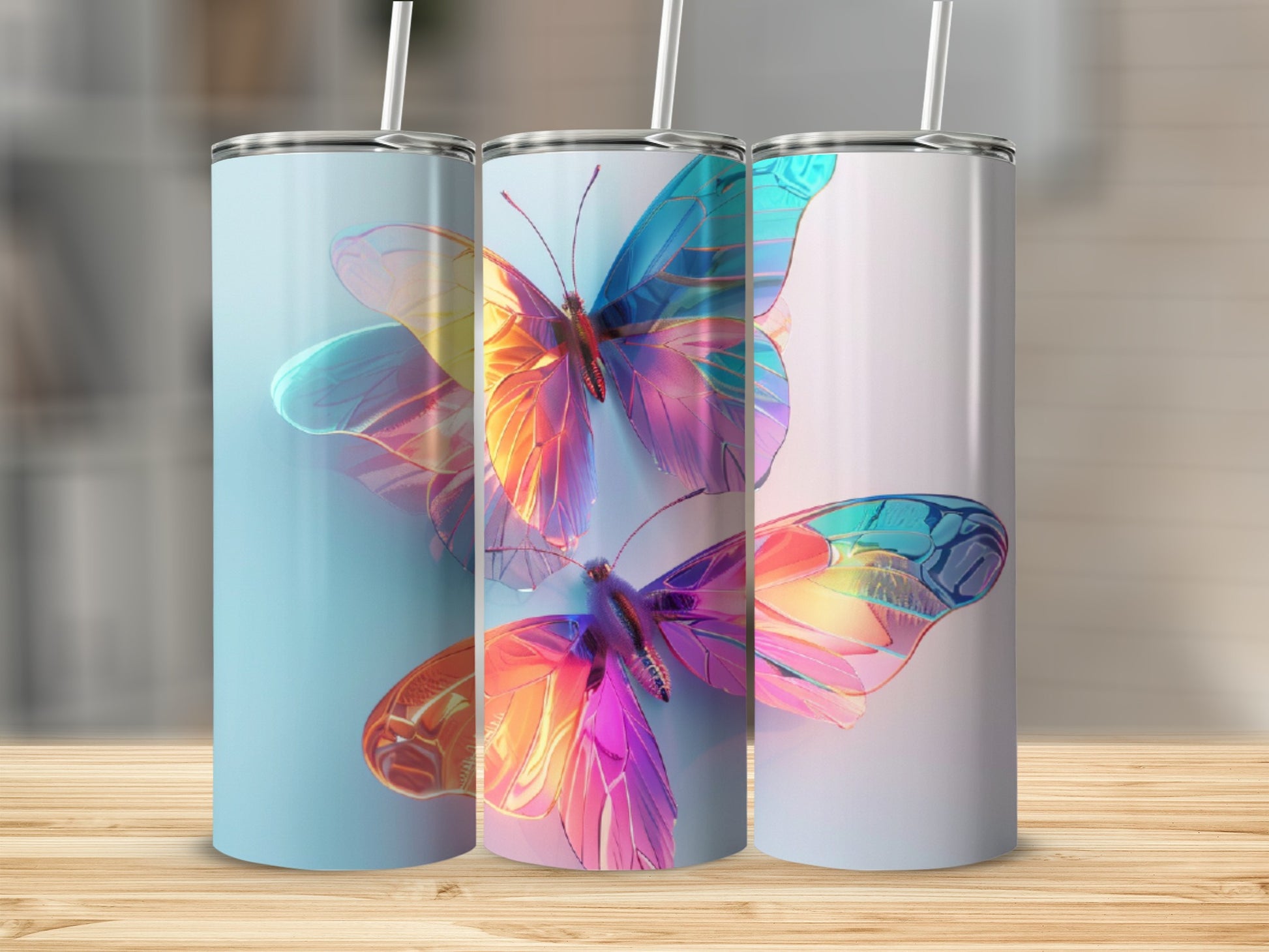 Two iridescent butterflies on a pale blue background.