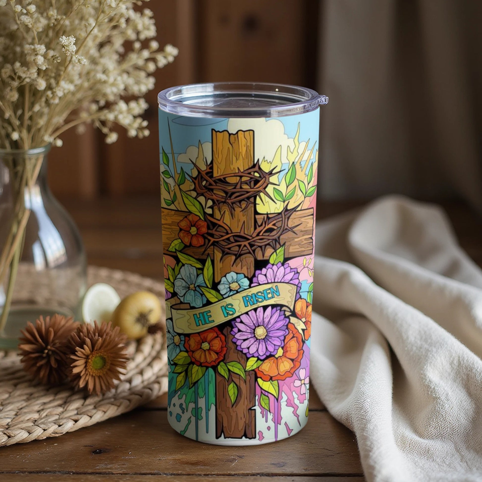 Vibrant He Is Risen Floral Cross Artwork Tumbler