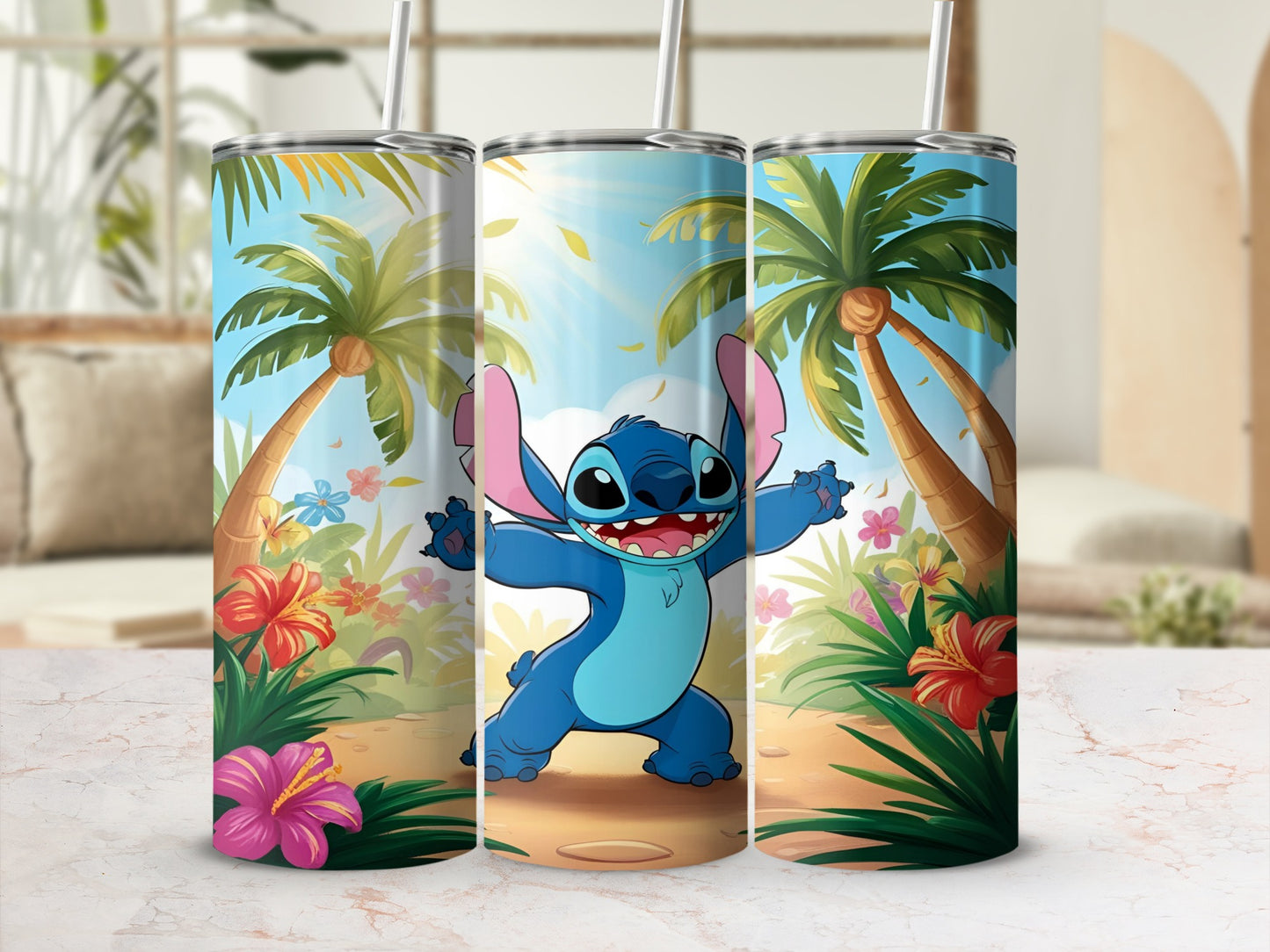 Stitch smiling with arms wide on a tropical beach with palm trees.