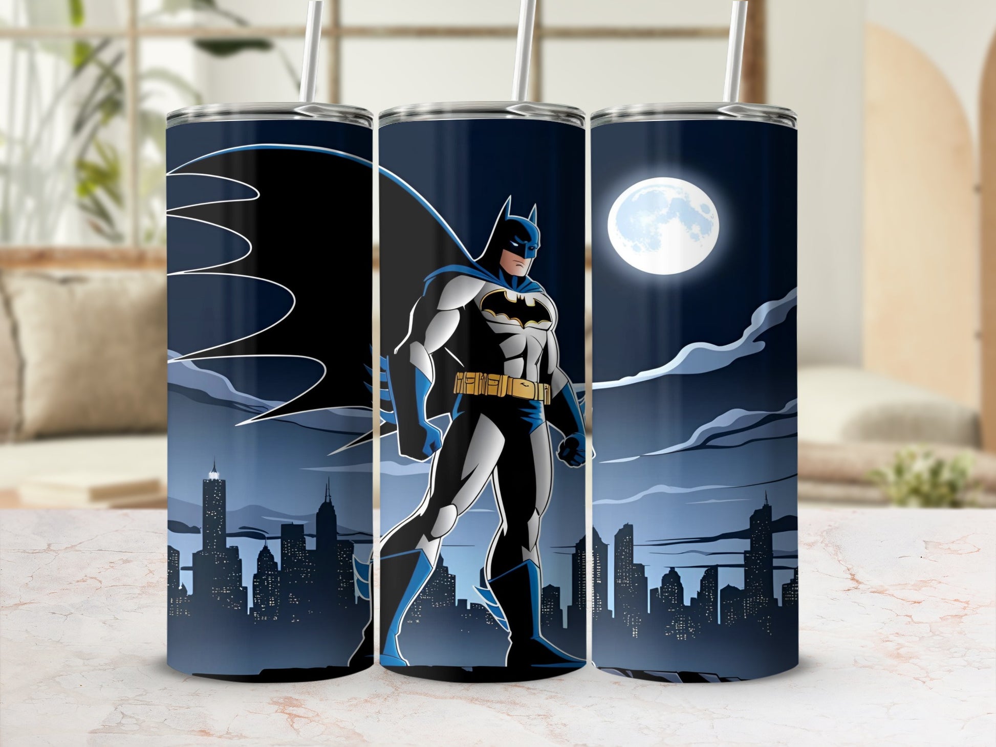 Batman standing in front of a city skyline at night with a full moon.