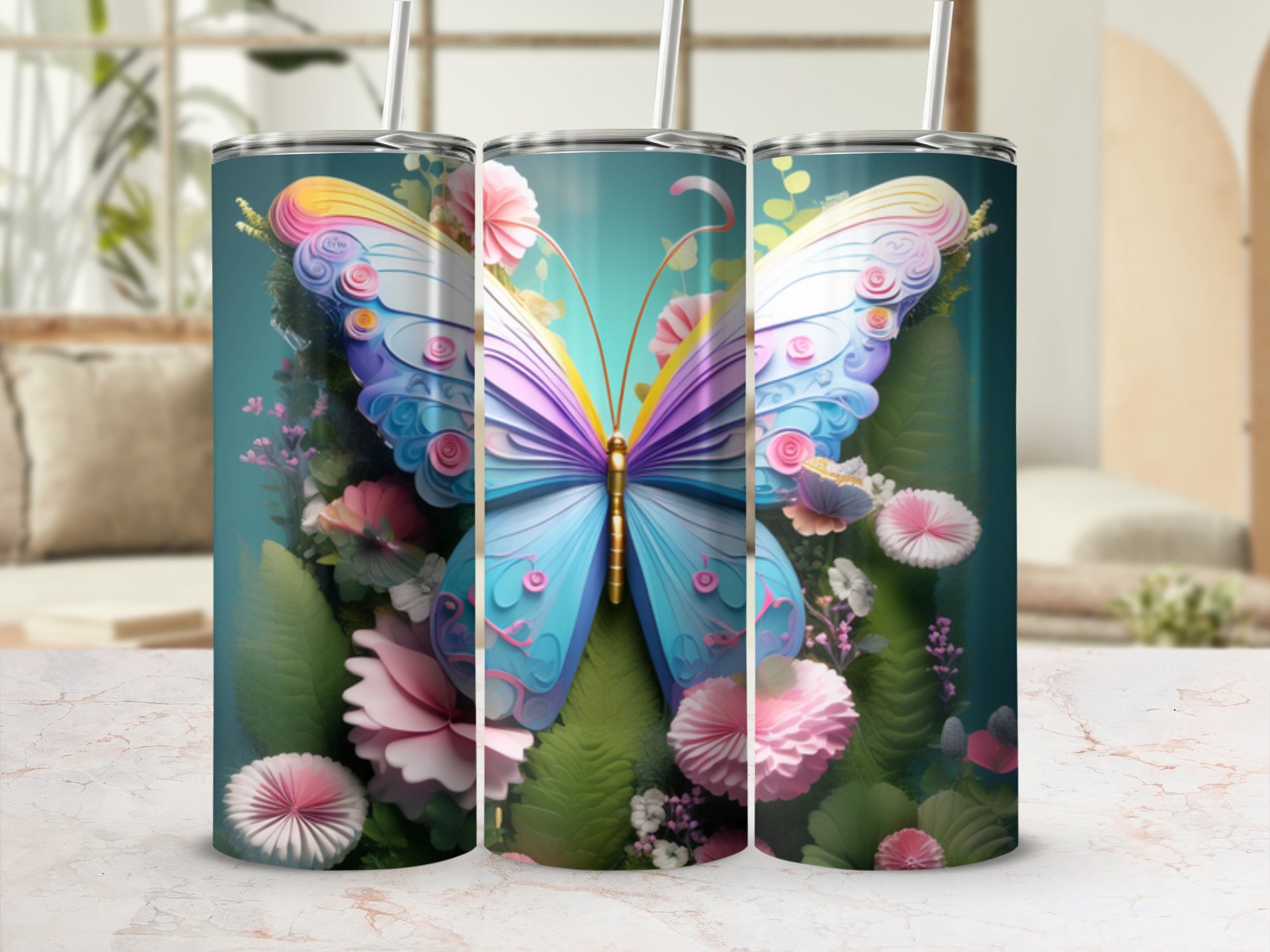 Butterfly design on three tumblers with floral background.