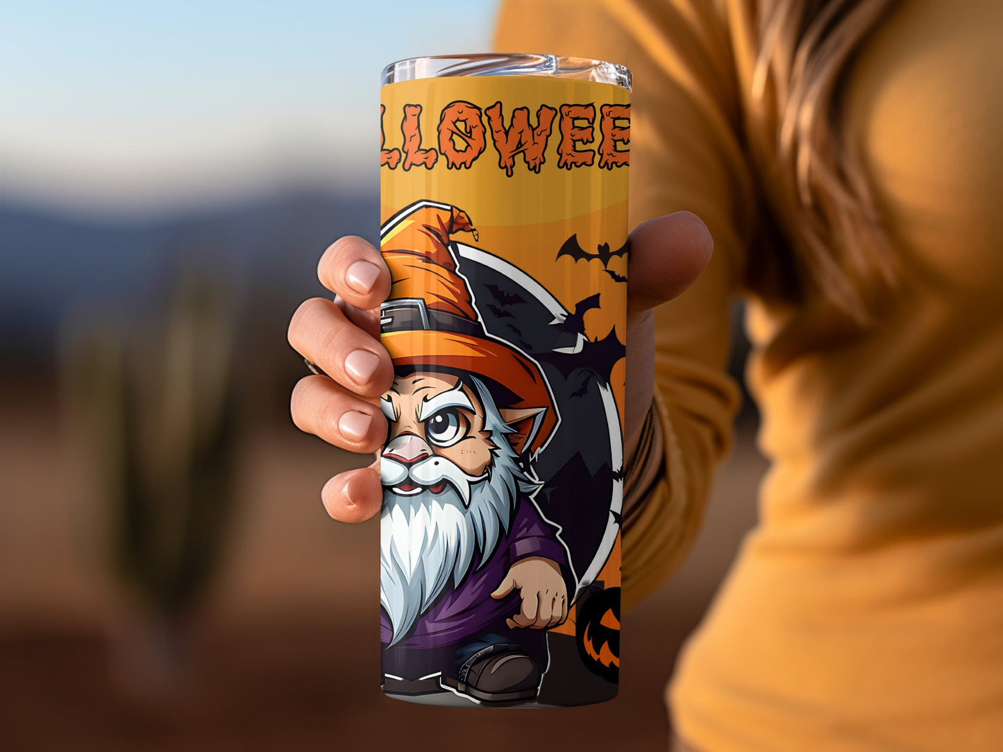 Halloween Gnome Tumbler With Hat And Bats Design