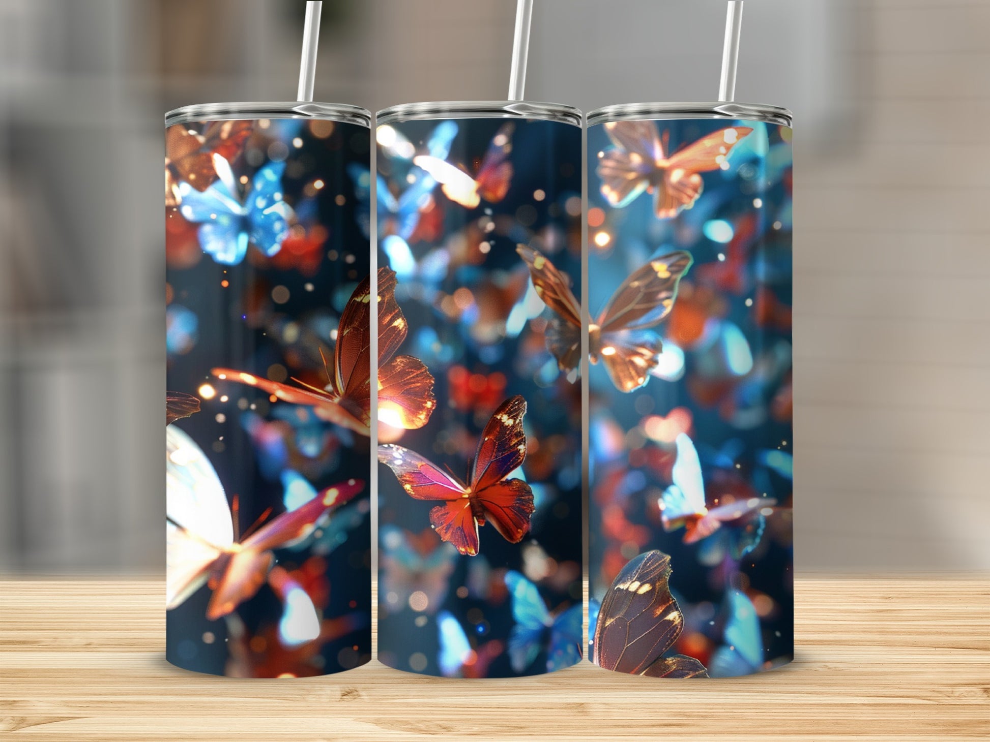 Three tumblers with vibrant butterfly designs and straws on a wooden surface.