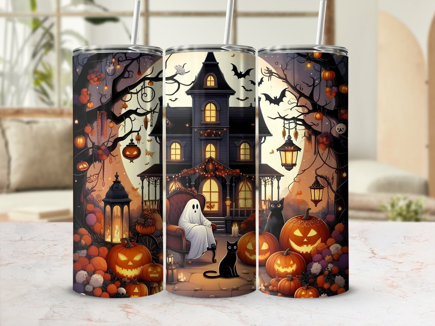Halloween tumblers with spooky haunted house, ghost, black cats, and pumpkins.