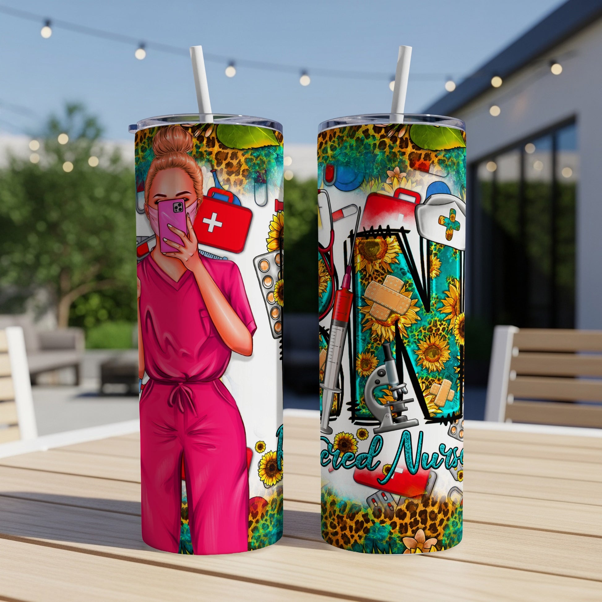 Nurse taking a selfie on a pink tumbler with sunflowers and medical icons.