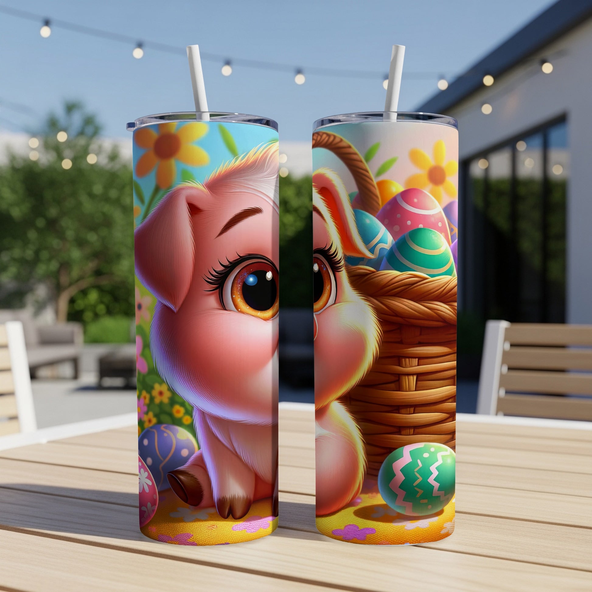 Pink pig and Easter basket with colorful eggs on tumblers.