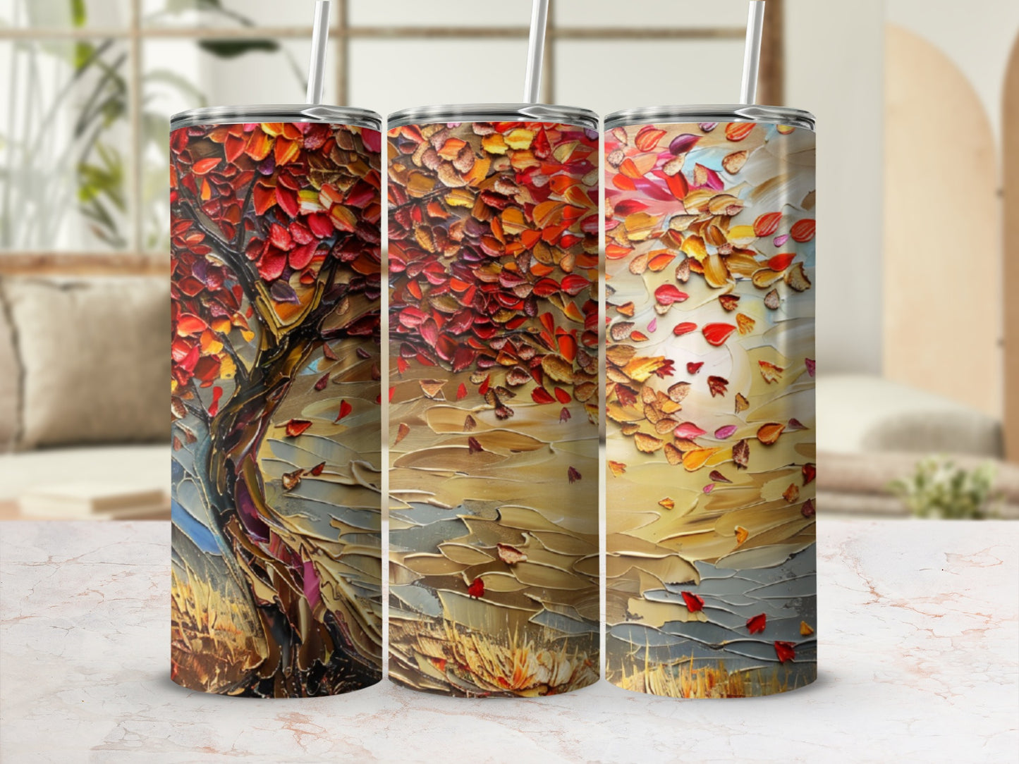 Tumbler with autumn tree and falling leaves in textured painted style.