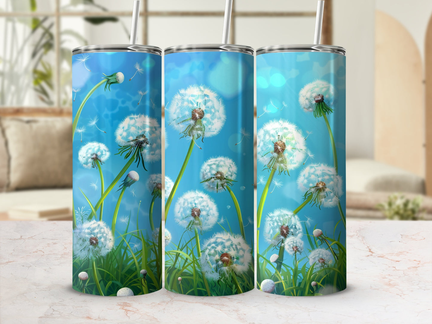 Three tumblers with dandelions against a blurred blue sky background.
