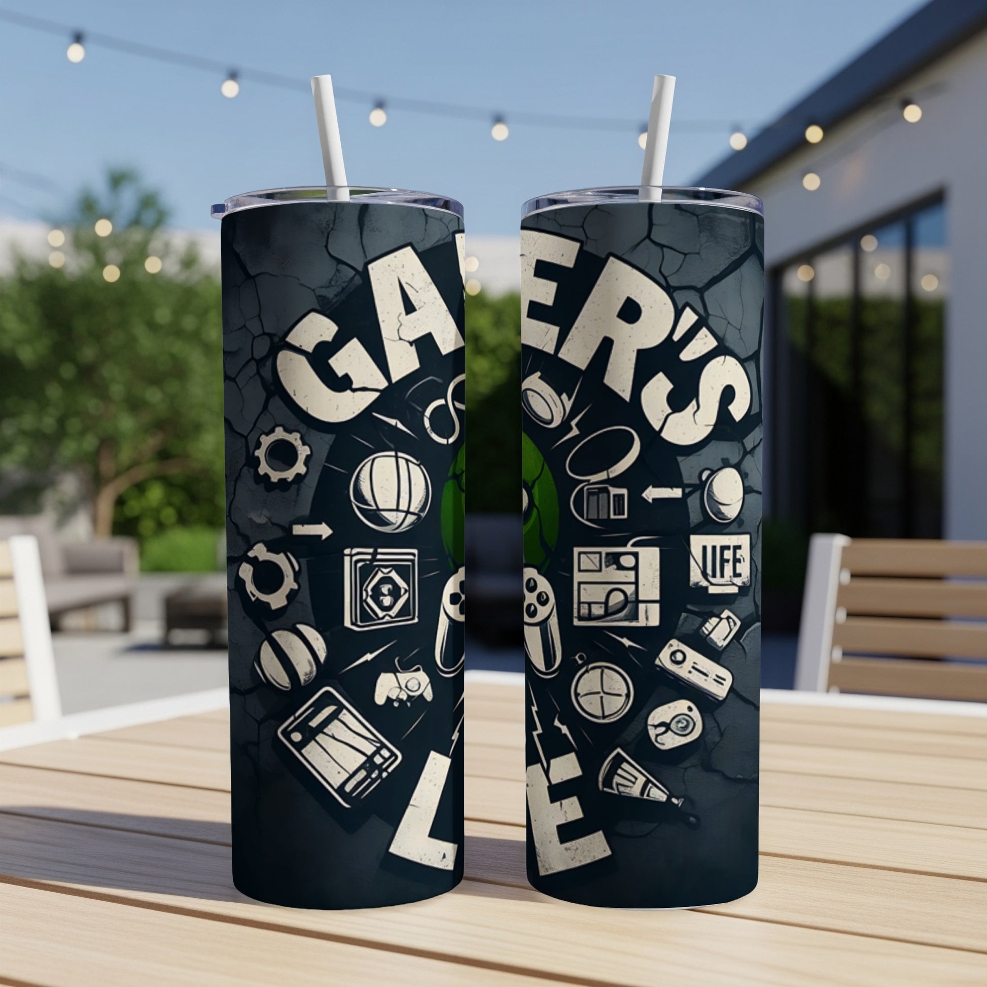Two tumblers with gaming-themed graphics and "Gamer's Life" text.