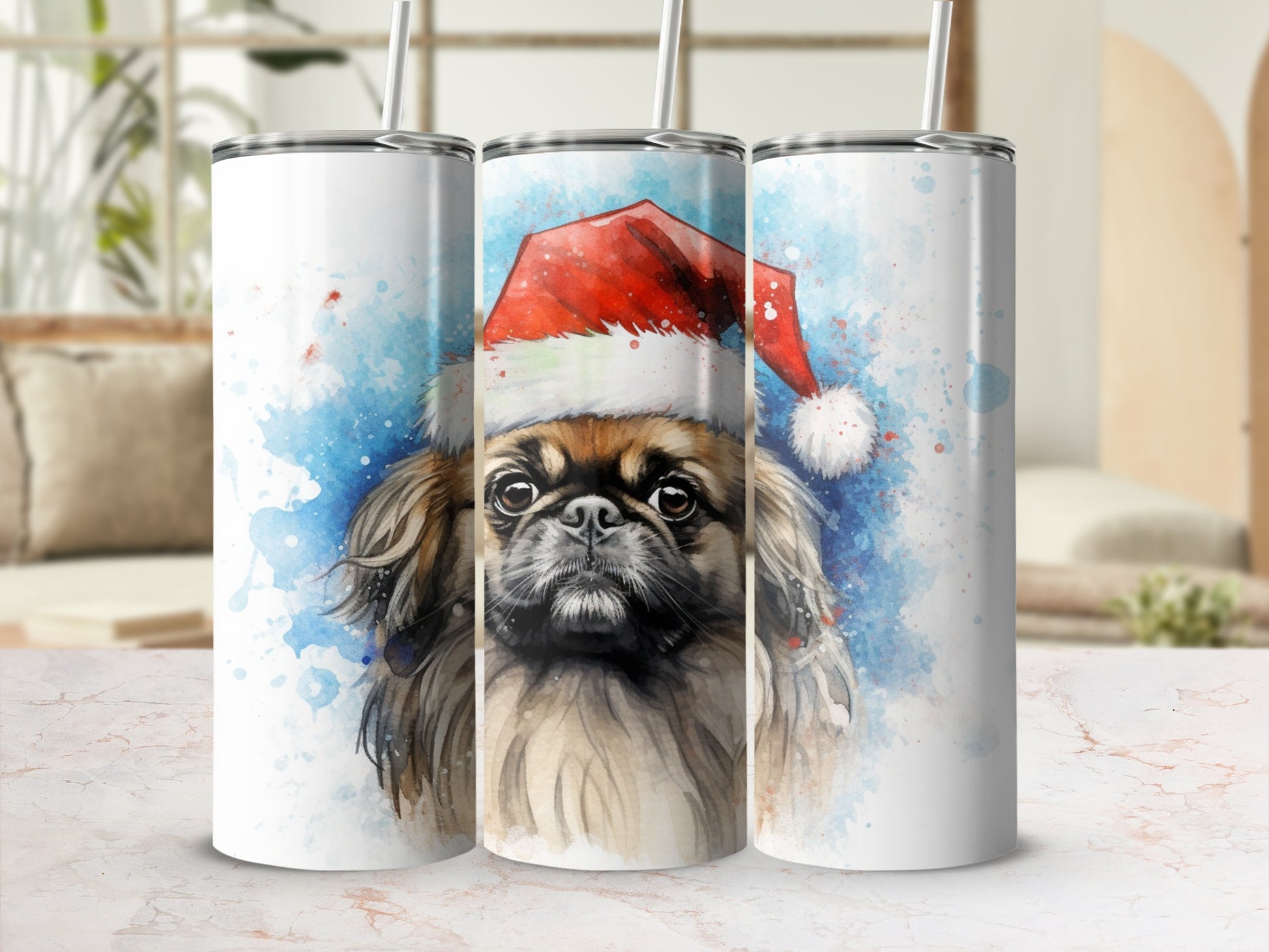 Three tumblers featuring a watercolor painting of a Pekingese dog in a Santa hat.