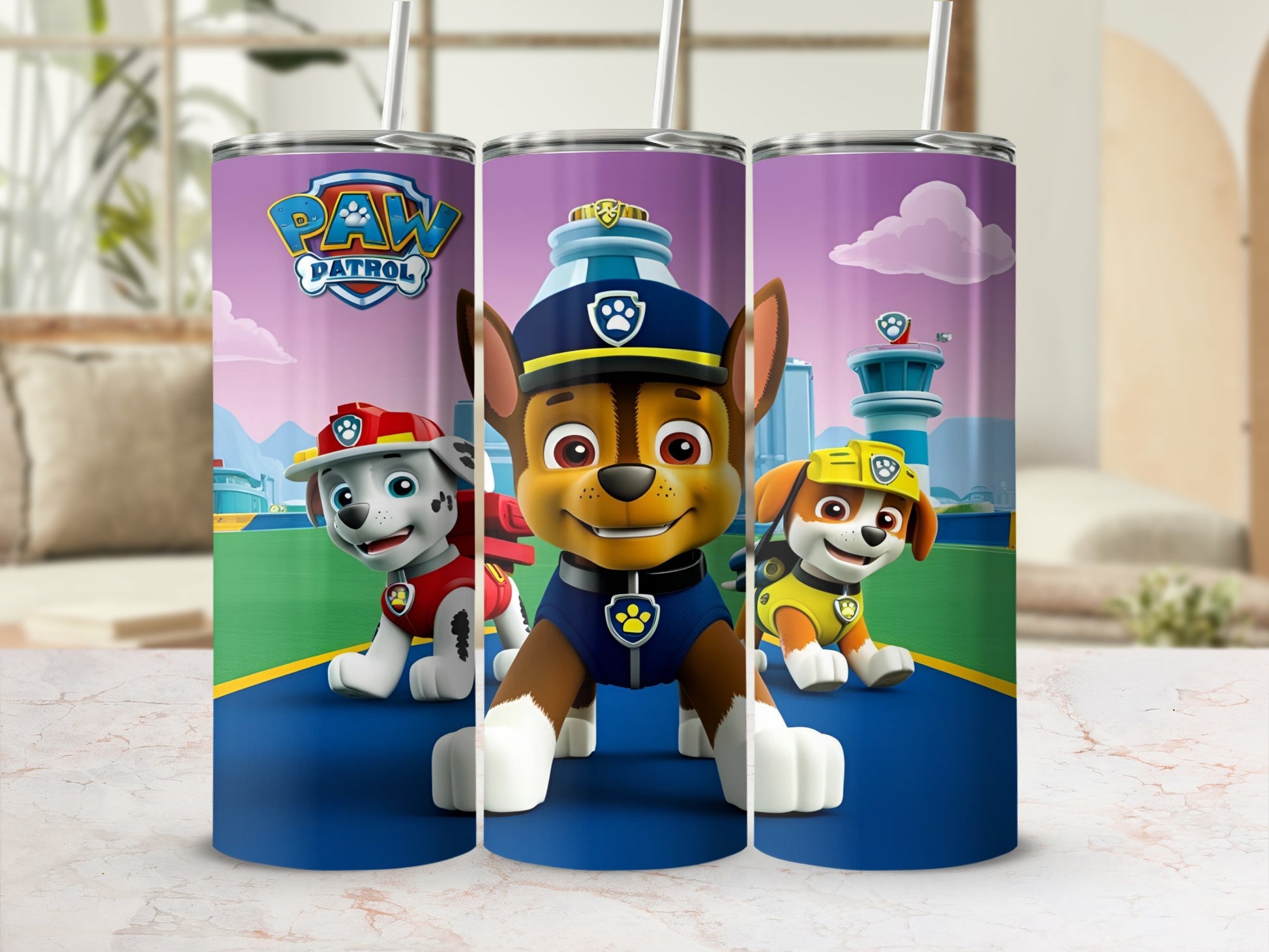 Paw Patrol characters Chase, Marshall, and Rubble on a tumbler.