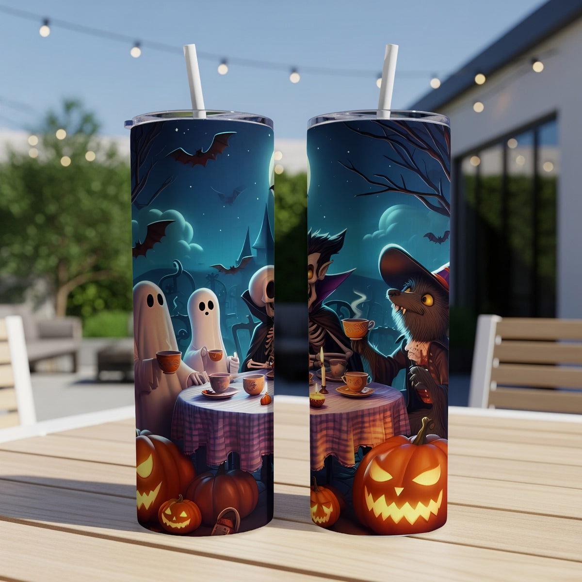 Two tumblers with Halloween characters and pumpkins under a moonlit sky.