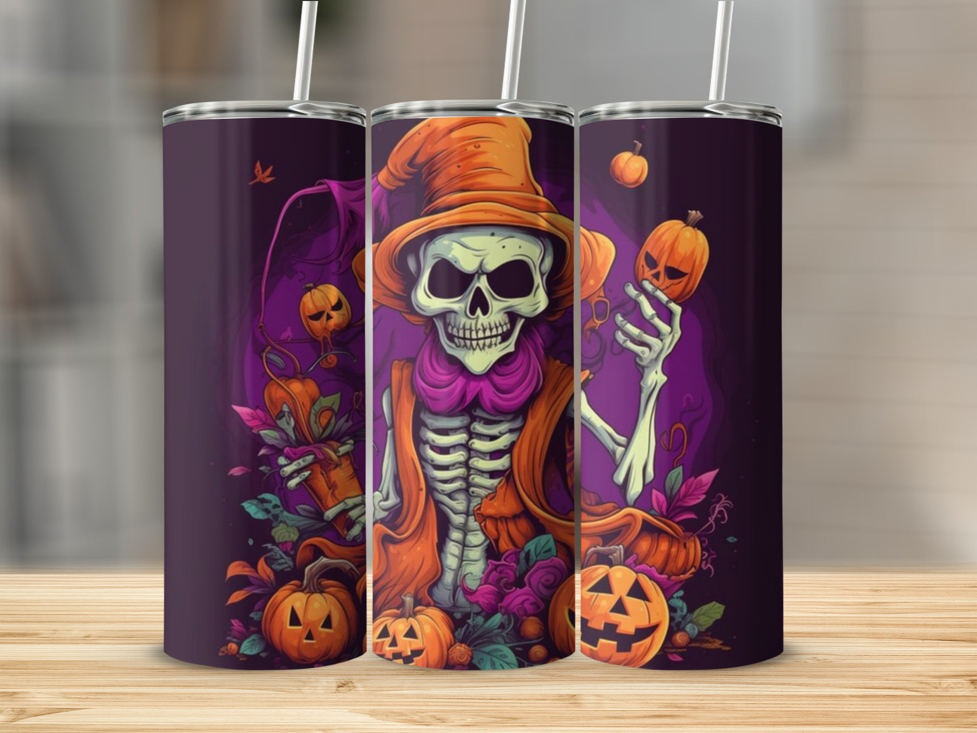 Spooky Skeleton And Pumpkins Halloween Tumbler