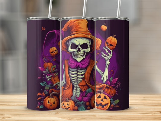 Spooky Skeleton And Pumpkins Halloween Tumbler