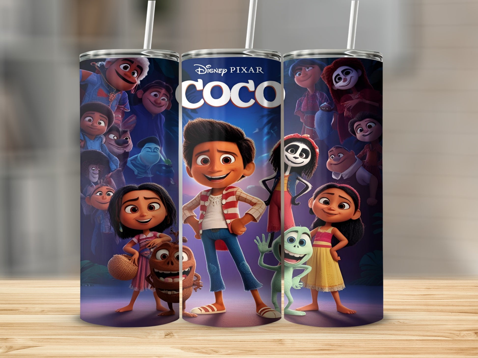 Disney Pixar Coco characters Miguel, Hector, Mamá Coco, and Dante on a tumbler.