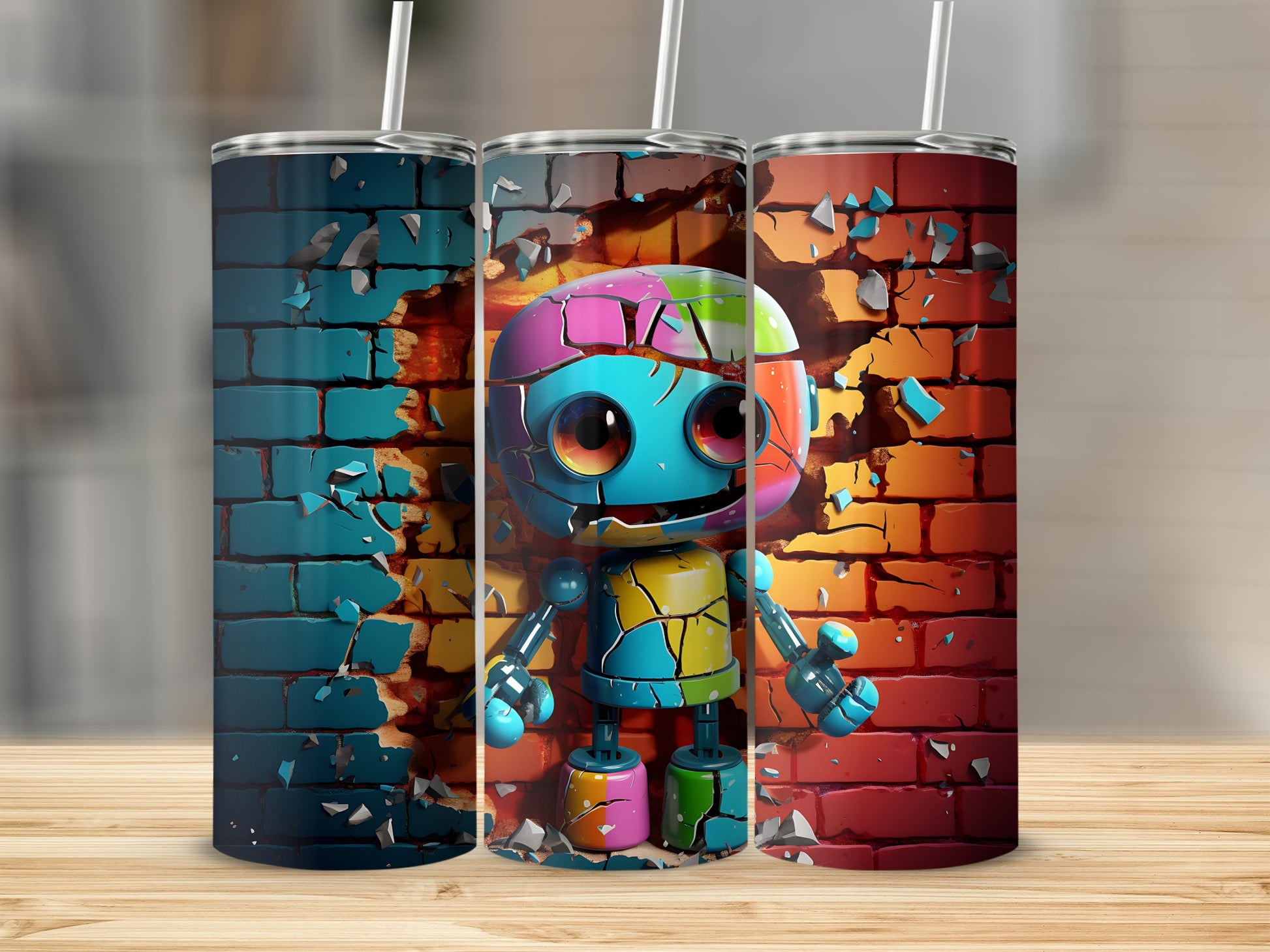 Colorful Robot Design Mugs with Unique Brick Background