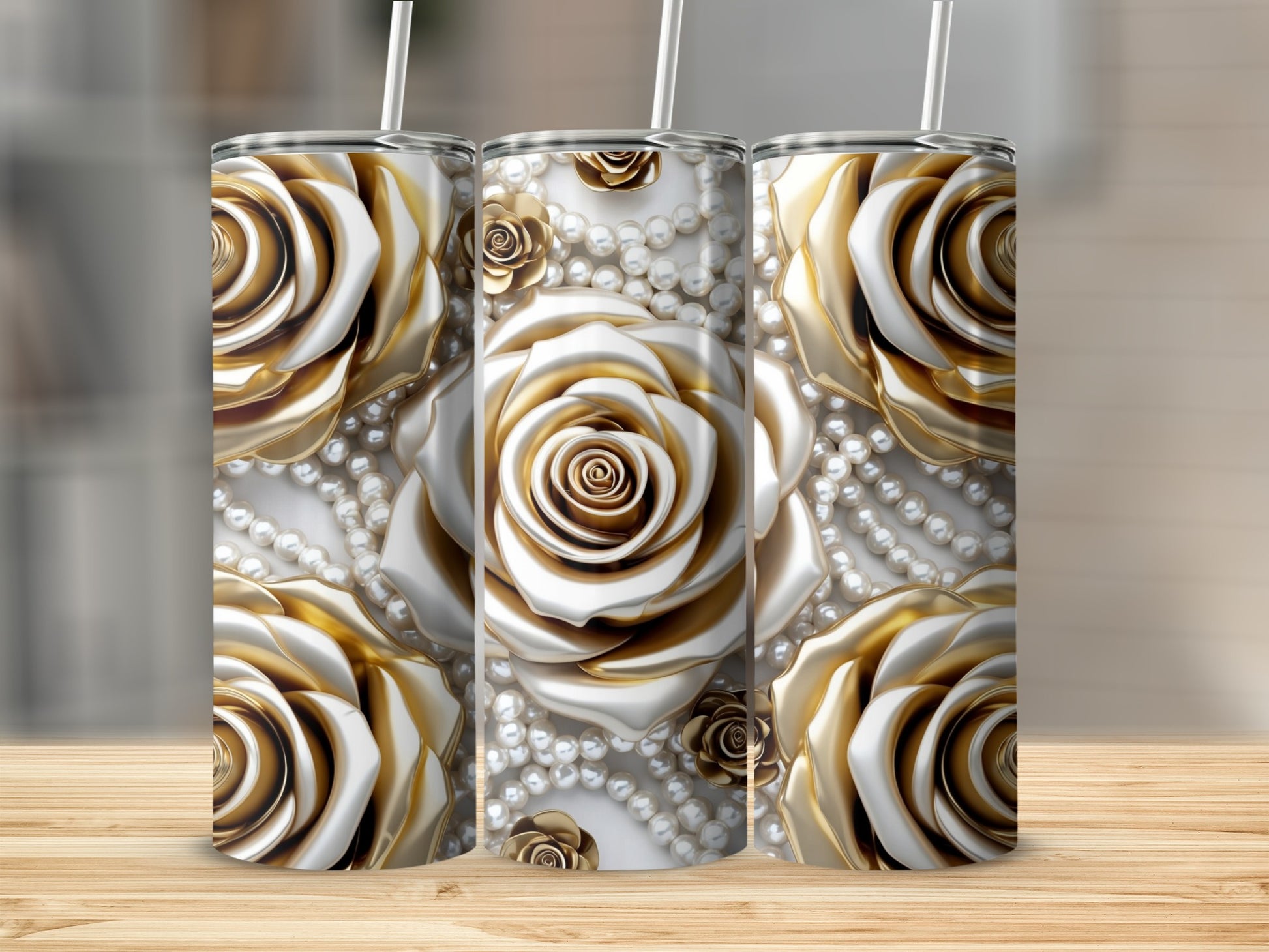 Three metallic gold and white roses with pearl strands on a textured background.