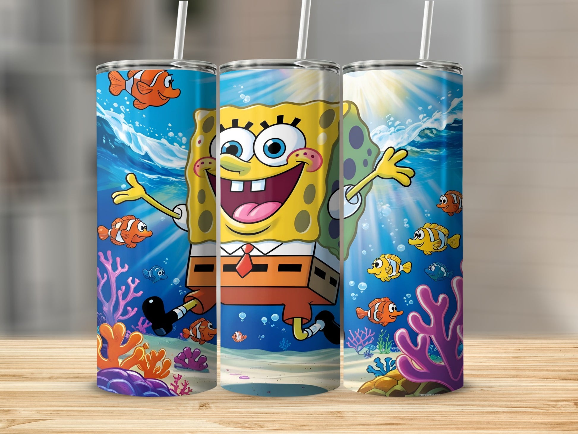 SpongeBob SquarePants smiling with arms outstretched, underwater scene.