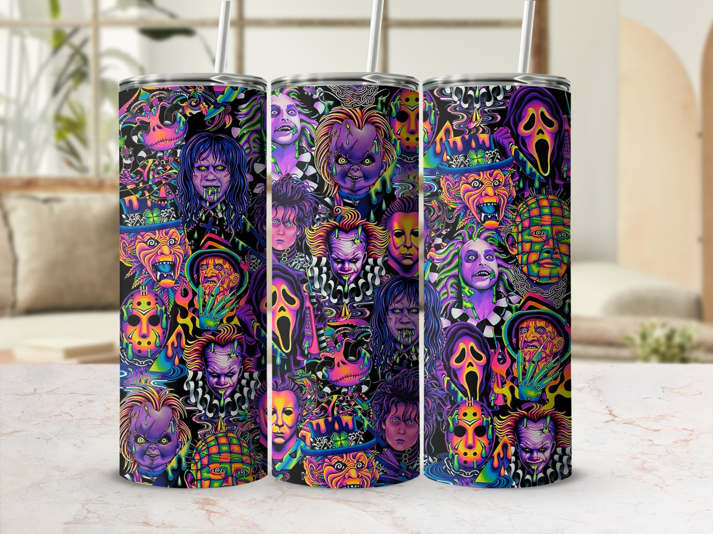 Collage of horror movie characters on three patterned tumblers.