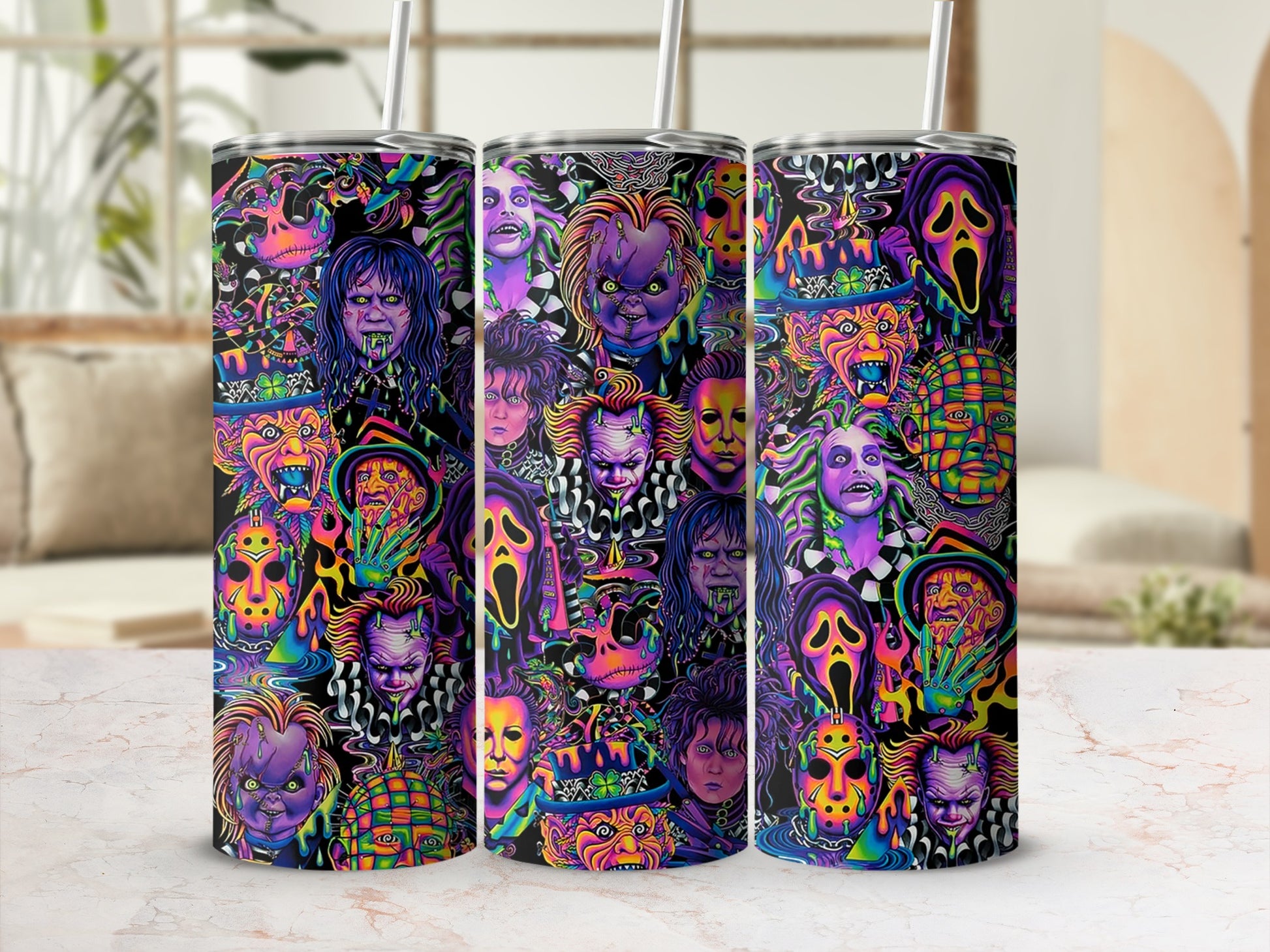 Collage of horror movie characters on three patterned tumblers.