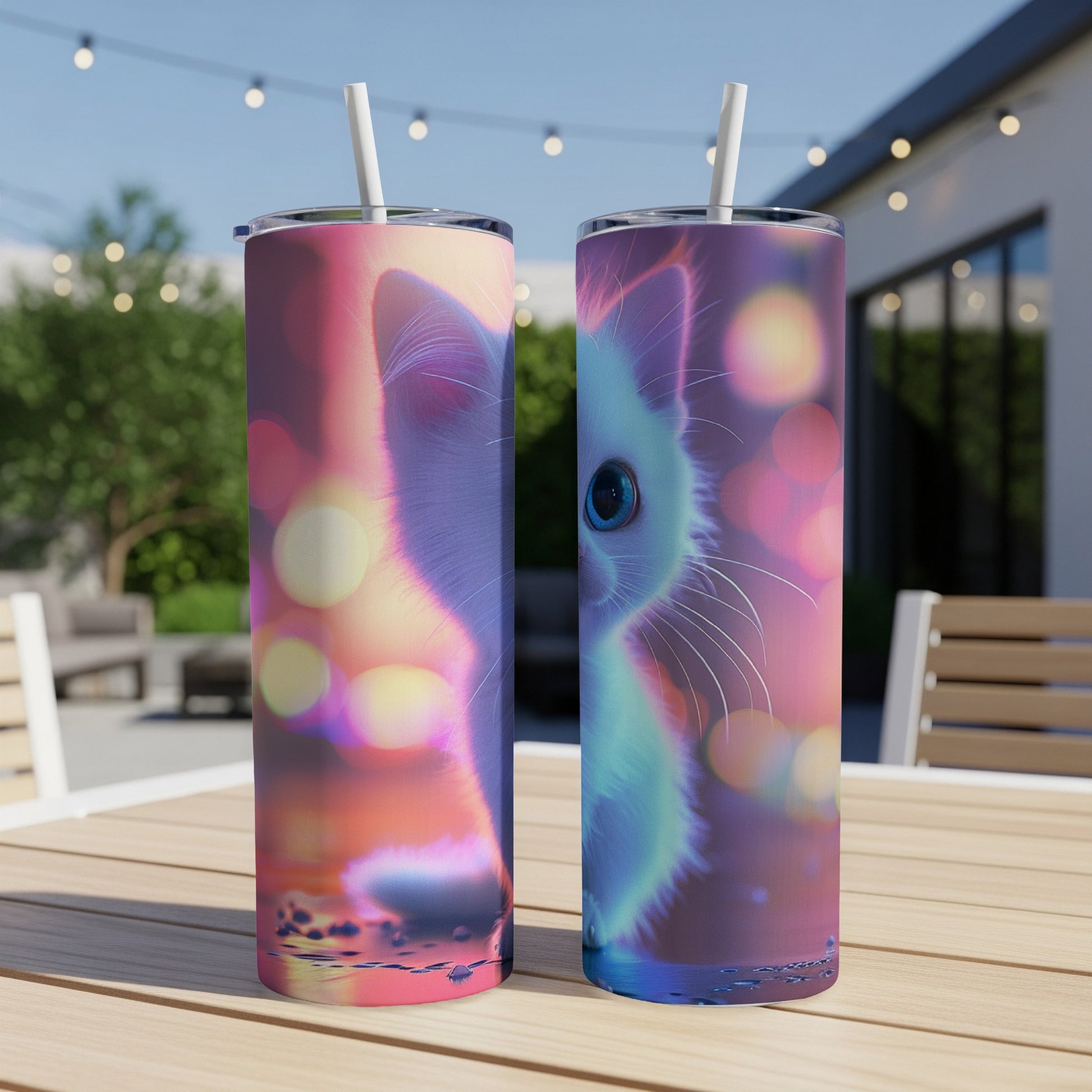 Two tumblers featuring a neon cat with large blue eyes, bokeh lights.