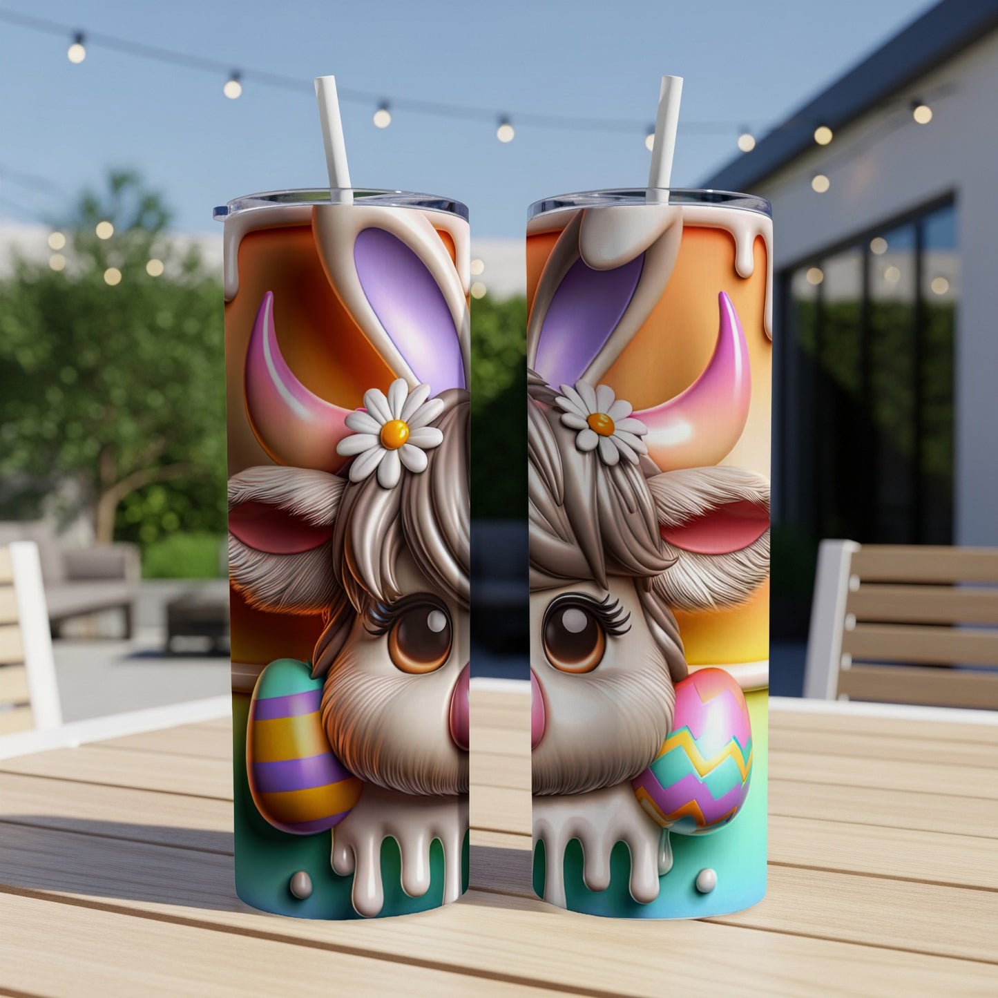 Easter cow with bunny ears and eggs on a tumbler.