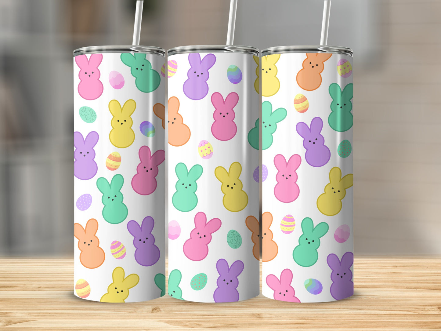 Easter Peeps bunnies and eggs pattern on three tumblers.