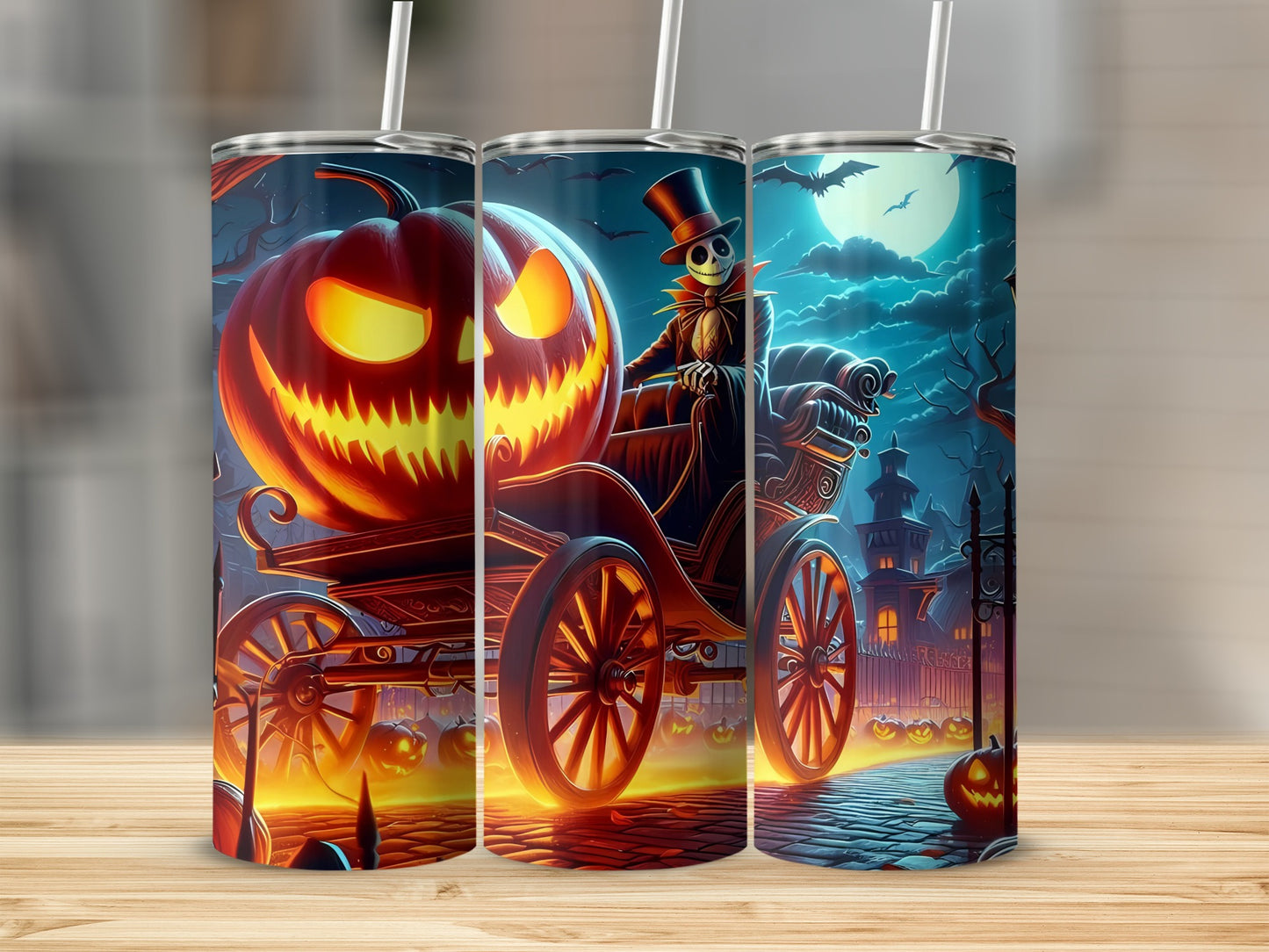 Jack-o'-lantern carriage with skeleton driver, bats, and moon.