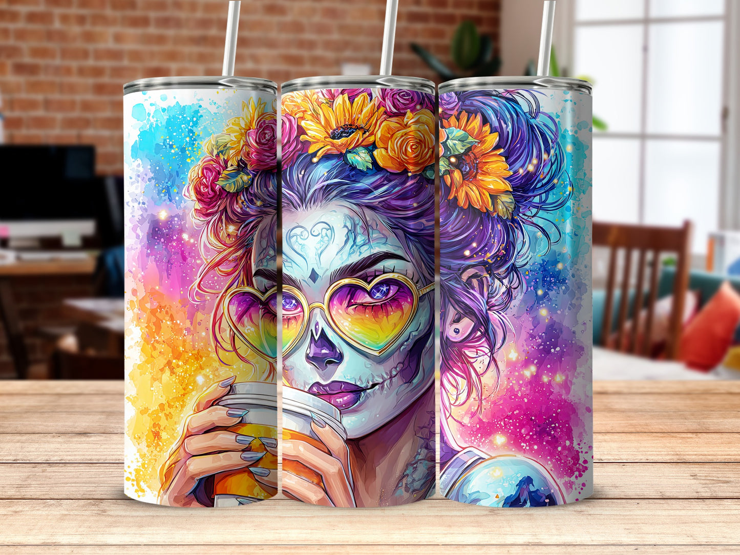 Colorful Sugar Skull Girl with Floral Design tumbler