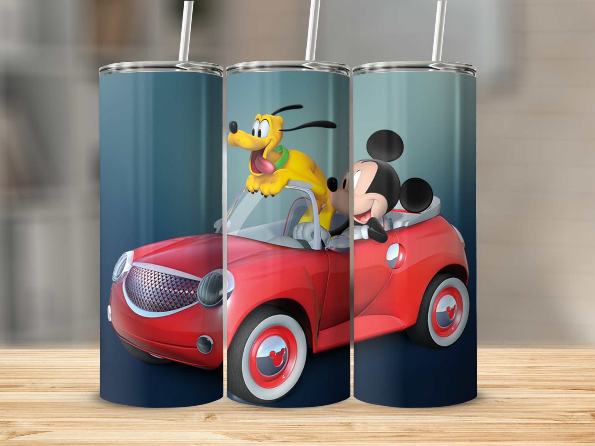 Playful Mickey and Pluto Riding in Red Car Tumbler