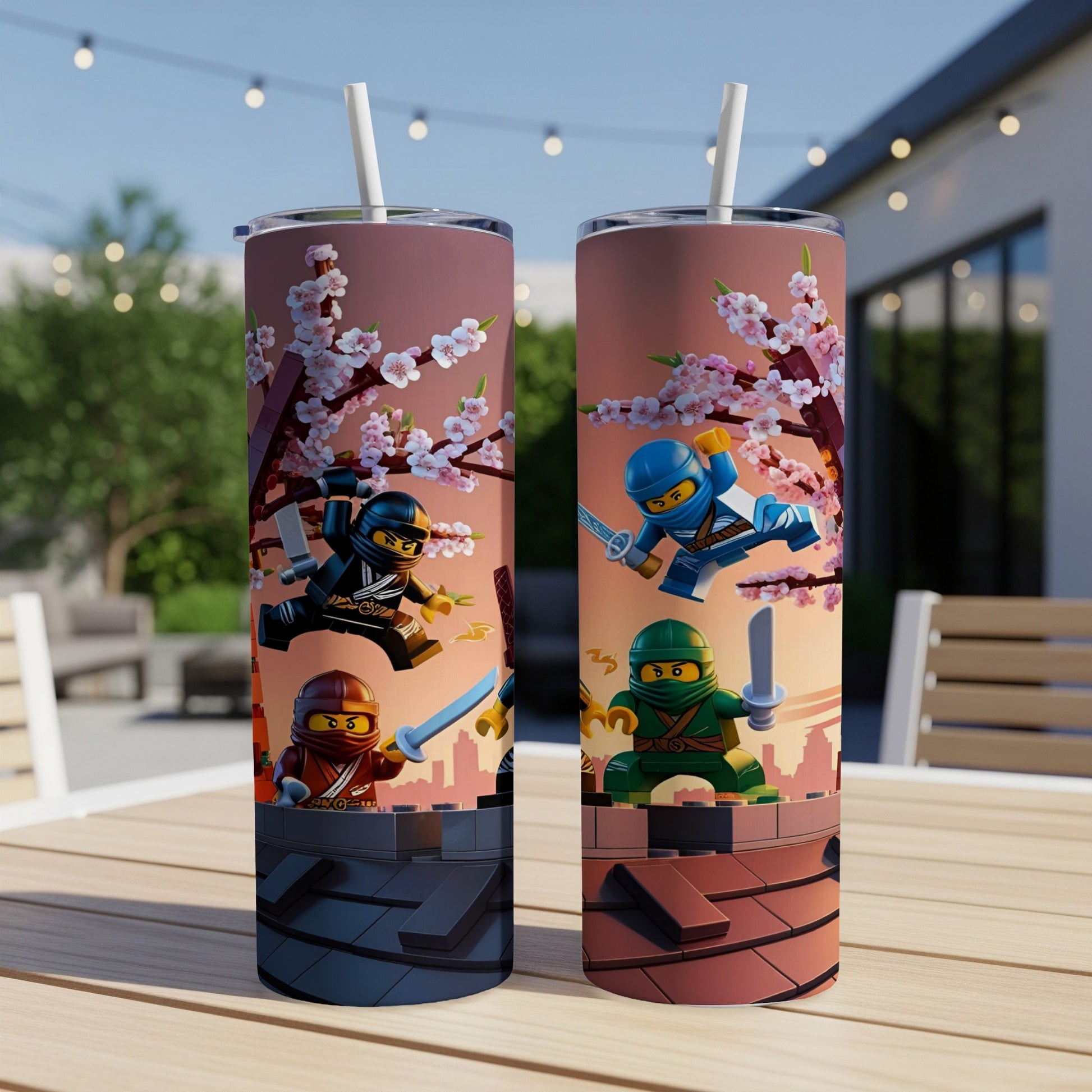 Ninjago characters fighting on a brick wall with cherry blossoms.
