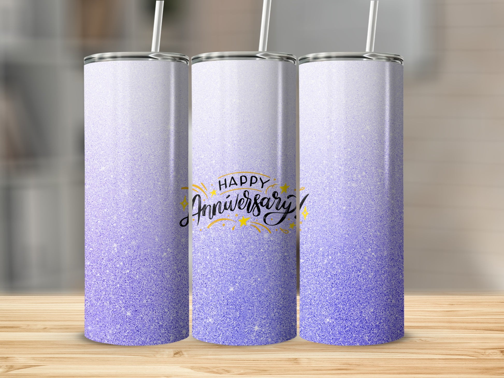 Glitter tumbler with "Happy Anniversary!" text, fading from white to purple.